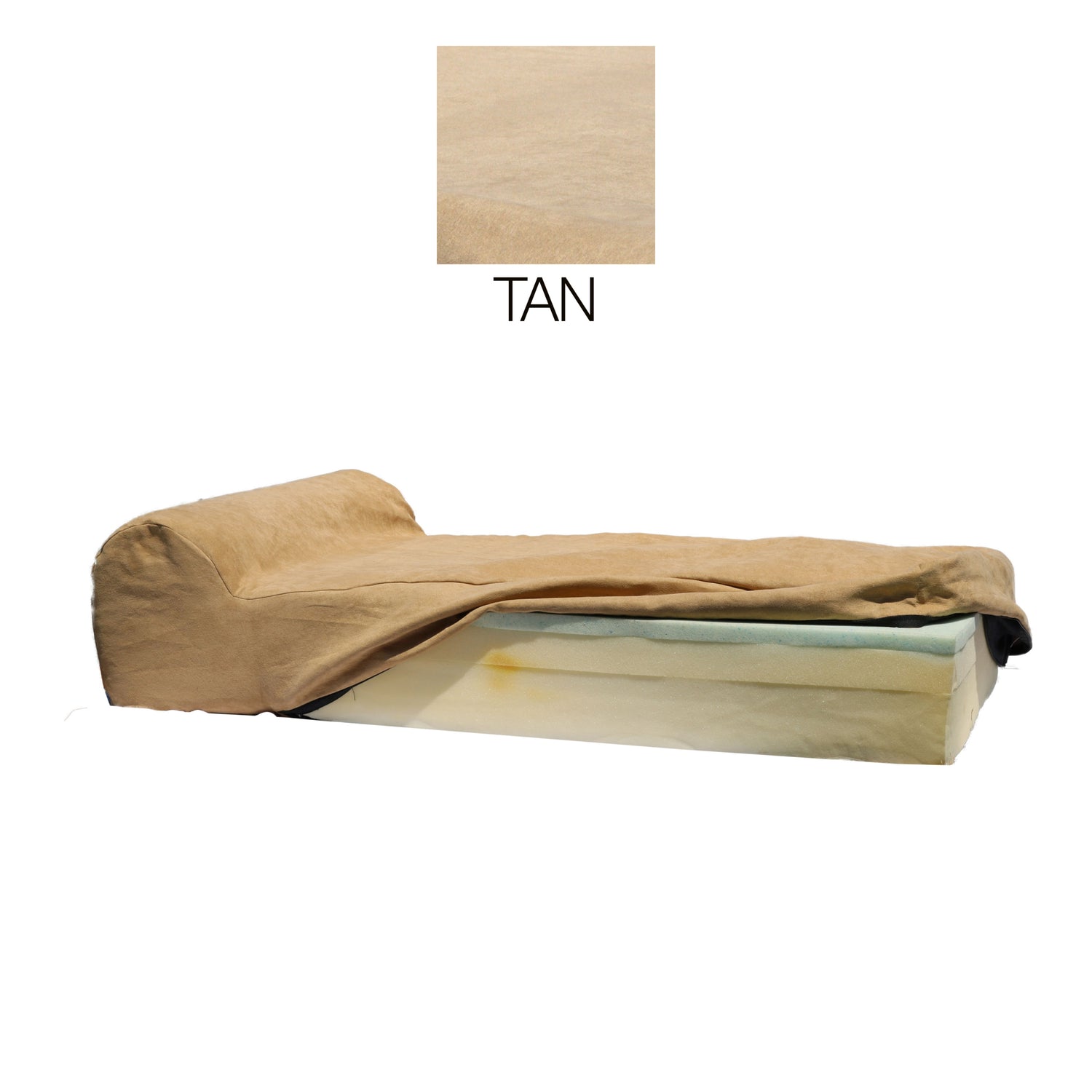A tan-colored Dog Bed Cover for Lucky Dog with Bolster 7″ Large Dog features memory foam and an angled backrest. Above the bed is a matching tan fabric swatch labeled
