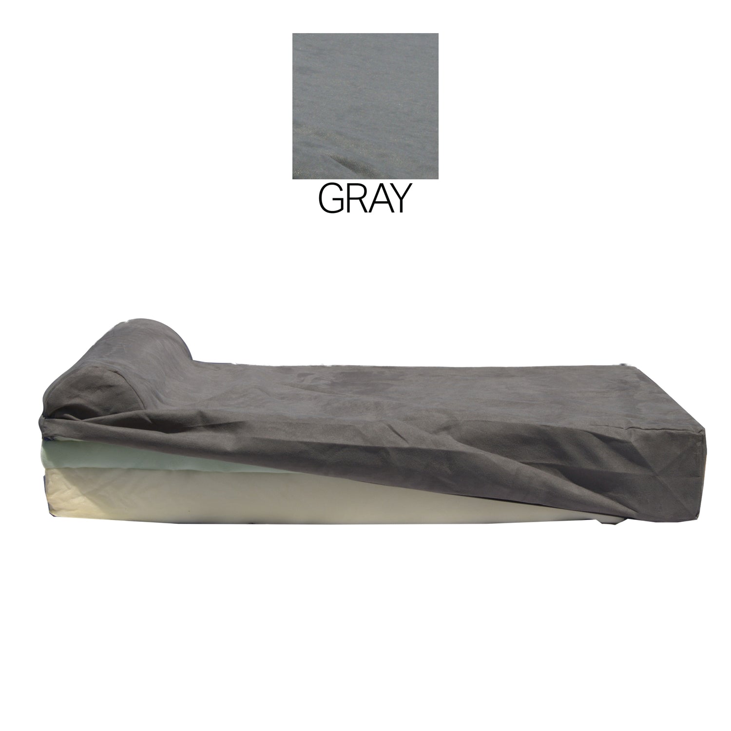 A gray Dog Bed Cover for Lucky Dog with Bolster 7″ Large Dog is partially removed to reveal the memory foam underneath. An inset displays the fabric texture with