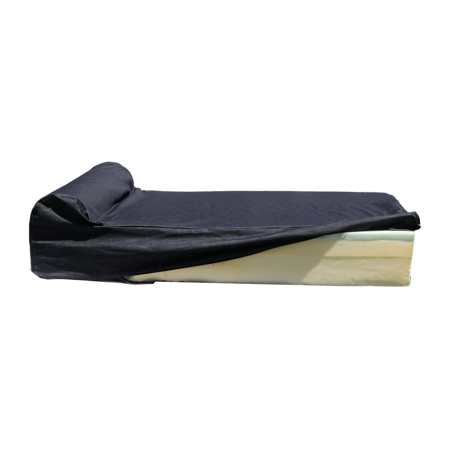 A Dog Bed Cover for Lucky Dog with Bolster 7″ Large is shown partially unzipped and folded back on a white background, revealing the yellow memory foam of a rectangular dog bed beneath a black, washable cover.