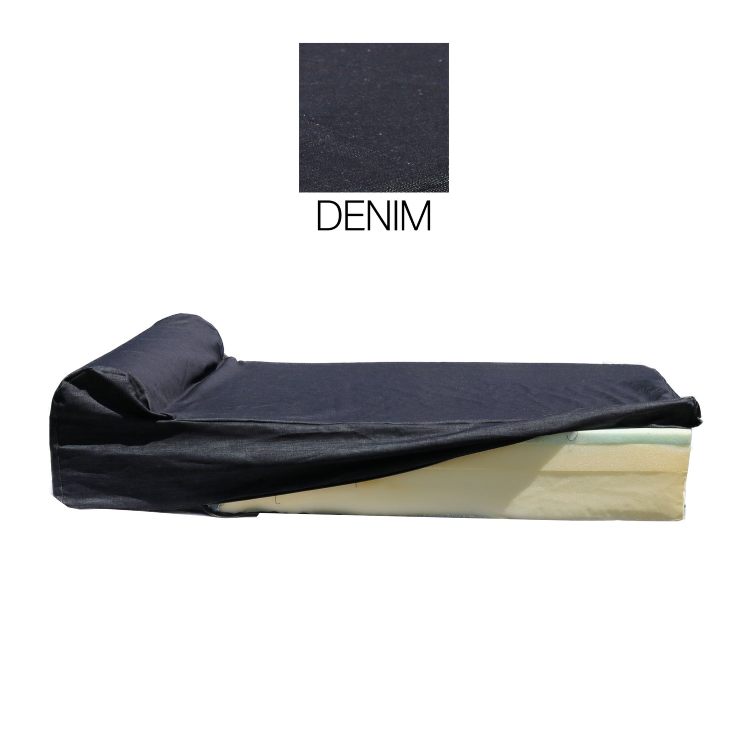 A Dog Bed Cover for Lucky Dog with Bolster 7″ Large Dog, featuring dark blue denim fabric rolled back at one corner, highlights its washable cover and close-up DENIM texture, all set against a white background.