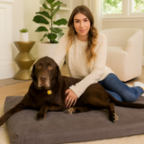 A woman in a cream sweater and jeans sits on the floor beside a large chocolate Labrador lounging on an Orthopedic Memory Foam Dog Bed in a cozy, well-lit living room.